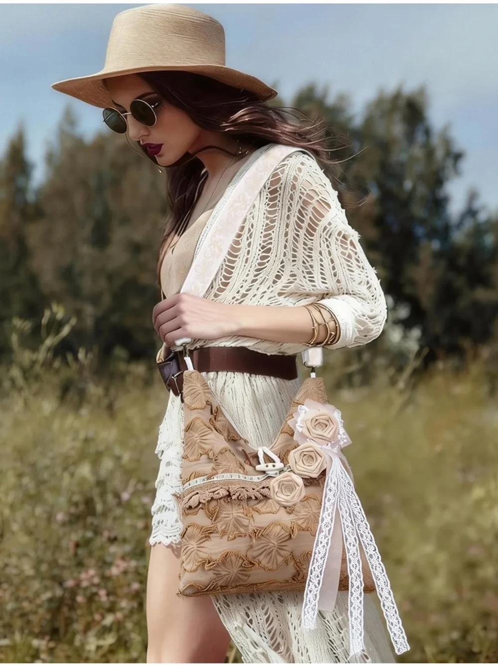 Boho Floral Embroidered Beige Shoulder Bag